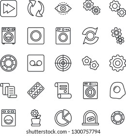 Thin Line Icon Set - ticket office vector, gear, contract, pills blister, fast forward, update, record, eye id, pie graph, target, washer, flower in pot, omelette, crisis management