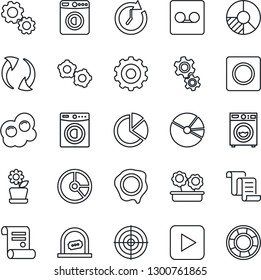 Thin Line Icon Set - ticket office vector, washer, gear, contract, circle chart, stamp, play button, update, record, pie graph, target, flower in pot, omelette, clock, crisis management