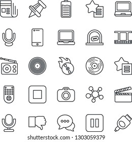 Thin Line Icon Set - ticket office vector, clapboard, film frame, vinyl, flame disk, camera, radio, news, microphone, remote control, cell phone, dialog, laptop pc, share, finger down, paper pin