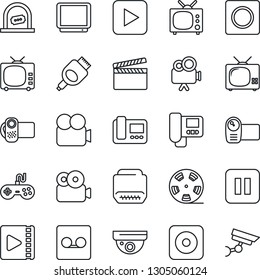 Thin Line Icon Set - ticket office vector, clapboard, reel, tv, gamepad, video camera, play button, pause, rec, hdmi, record, intercome, surveillance