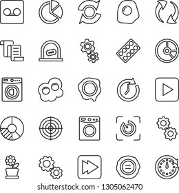 Thin Line Icon Set - ticket office vector, contract, circle chart, stamp, pills blister, play button, fast forward, update, record, eye id, pie graph, target, washer, flower in pot, omelette, gear