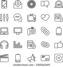 Thin Line Icon Set - ticket office vector, clapboard, vinyl, camera, news, loudspeaker, tv, settings, equalizer, cell phone, dialog, headphones, monitor, laptop pc, chain, finger up, down, heart