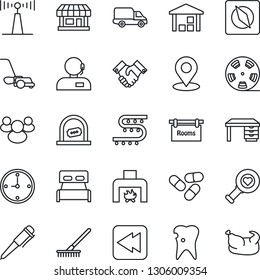 Thin Line Icon Set - ticket office vector, desk, pen, rake, lawn mower, drip irrigation, heart diagnostic, pills, caries, store, car delivery, warehouse, reel, antenna, group, rewind, place tag