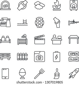 Thin Line Icon Set - ticket office vector, clouds, boarding, manager place, factory, farm fork, fire, bench, joint, traffic light, clapboard, cell phone, speaker, themes, photo gallery, pool, fence