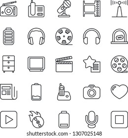 Thin Line Icon Set - ticket office vector, clapboard, film frame, reel, archive chest, flame disk, camera, microphone, radio, antenna, news, tv, headphones, phone, favorites list, heart, battery