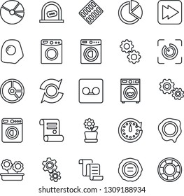 Thin Line Icon Set - ticket office vector, washer, contract, circle chart, stamp, pills blister, fast forward, record, eye id, update, pie graph, flower in pot, omelette, gear, clock