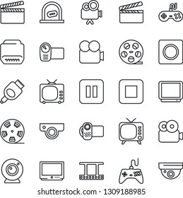 Thin Line Icon Set - ticket office vector, clapboard, film frame, reel, tv, gamepad, video camera, pause button, stop, hdmi, record, web, surveillance