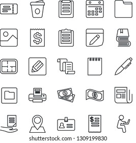 Thin Line Icon Set - ticket vector, identity, contract, pen, notepad, coffee, document, pin, cash, receipt, clipboard, news, gallery, folder, calendar, notes, printer, book, plan, restaurant
