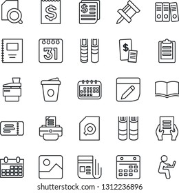 Thin Line Icon Set - ticket vector, book, coffee, document, calendar, printer, receipt, news, gallery, notes, clipboard, copybook, drawing pin, search, paper binder, copier, restaurant