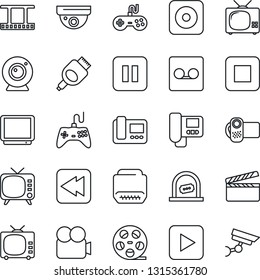 Thin Line Icon Set - ticket office vector, clapboard, film frame, reel, tv, gamepad, video camera, play button, pause, stop, rewind, rec, hdmi, record, web, intercome, surveillance