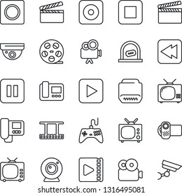 Thin Line Icon Set - ticket office vector, clapboard, film frame, reel, tv, gamepad, video camera, play button, pause, stop, rewind, rec, hdmi, record, web, intercome, surveillance