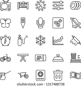 Thin Line Icon Set - ticket vector, passport, airport building, wheelbarrow, butterfly, plant label, picnic table, garden sprayer, bike, virus, rack, microphone, tuning, alarm, mute, cut, tv, plates