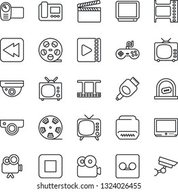 Thin Line Icon Set - ticket office vector, clapboard, film frame, reel, tv, gamepad, video camera, stop button, rewind, hdmi, record, web, intercome, surveillance