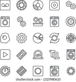 Thin Line Icon Set - ticket office vector, washer, gear, contract, circle chart, stamp, pills blister, play button, rec, record, update, pie graph, target, flower in pot, omelette, clock