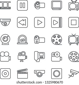 Thin Line Icon Set - ticket office vector, clapboard, film frame, reel, tv, video camera, play button, pause, stop, rewind, rec, record, web, intercome, surveillance