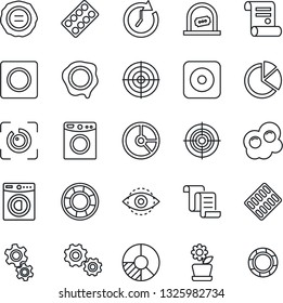 Thin Line Icon Set - ticket office vector, contract, circle chart, stamp, pills blister, rec button, record, eye id, pie graph, target, washer, flower in pot, omelette, gear, clock