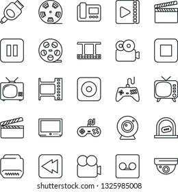 Thin Line Icon Set - ticket office vector, clapboard, film frame, reel, tv, gamepad, video camera, pause button, stop, rewind, rec, hdmi, record, web, intercome, surveillance