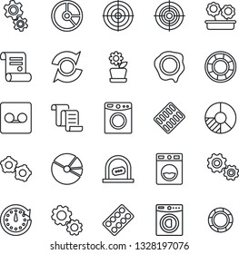 Thin Line Icon Set - ticket office vector, gear, contract, circle chart, stamp, pills blister, record, update, pie graph, target, washer, flower in pot, clock, crisis management