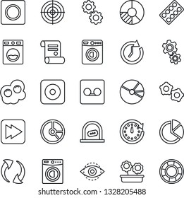 Thin Line Icon Set - ticket office vector, washer, gear, circle chart, contract, pills blister, fast forward, rec button, update, record, eye id, pie graph, target, flower in pot, omelette, clock