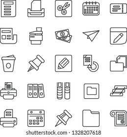 Thin Line Icon Set - ticket vector, document, coffee, reload, printer, cash, folder, paper pin, calendar, notes, cut, drawing, news, binder, tray, copier, book, plane, contract