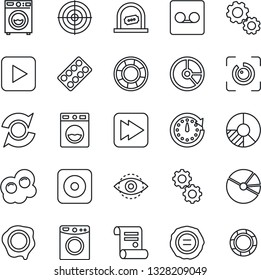Thin Line Icon Set - ticket office vector, circle chart, stamp, contract, pills blister, play button, fast forward, rec, record, eye id, update, pie graph, target, washer, omelette, gear, clock