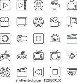 Thin Line Icon Set - ticket office vector, clapboard, reel, tv, gamepad, video camera, play button, pause, stop, rewind, record, web, intercome, surveillance