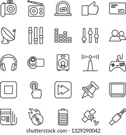 Thin Line Icon Set - ticket office vector, satellite antenna, flame disk, camera, radio, news, gamepad, settings, equalizer, tv, video, touch screen, headphones, speaker, group, finger up, paper pin