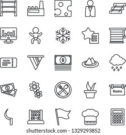 Thin Line Icon Set - ticket vector, baby, abacus, statistic monitor, seedling, rain, sickle, cash, rack, favorites list, paper tray, rooms, factory, waiter, serviette, cafe, cook hat, cheese, gear