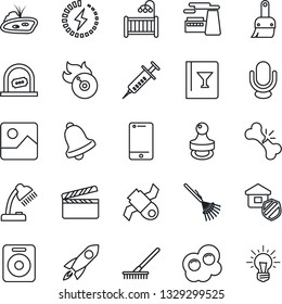 Thin Line Icon Set - ticket office vector, factory, rake, syringe, broken bone, satellite, clapboard, flame disk, microphone, cell phone, speaker, gallery, themes, bell, charge, desk lamp, stamp