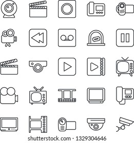 Thin Line Icon Set - ticket office vector, clapboard, film frame, tv, video camera, play button, pause, rewind, record, web, intercome, surveillance
