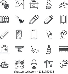 Thin Line Icon Set - ticket office vector, stamp, mobile phone, pencil, rake, lawn mower, house, bench, joint, cell, gallery, themes, desk lamp, pond, fence, table, crane, estate insurance