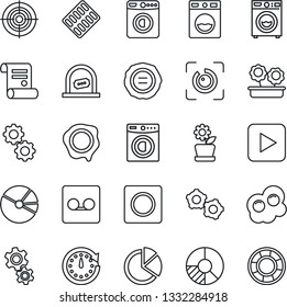 Thin Line Icon Set - ticket office vector, washer, gear, circle chart, stamp, contract, pills blister, play button, record, eye id, pie graph, target, flower in pot, omelette, clock