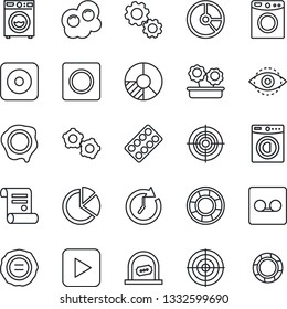 Thin Line Icon Set - ticket office vector, gear, circle chart, stamp, contract, pills blister, play button, rec, record, eye id, pie graph, target, washer, flower in pot, omelette, clock