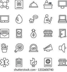 Thin Line Icon Set - ticket office vector, passport, flower in pot, fire, water drop, ambulance star, molecule, store, loudspeaker, tv, monitor, mail, clipboard, manager desk, notebook pc, dish