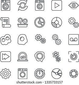 Thin Line Icon Set - ticket office vector, washer, gear, circle chart, stamp, contract, play button, fast forward, record, eye id, update, pie graph, flower in pot, omelette, clock