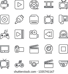 Thin Line Icon Set - ticket office vector, clapboard, film frame, reel, tv, gamepad, video camera, play button, stop, rewind, rec, hdmi, web, intercome, surveillance