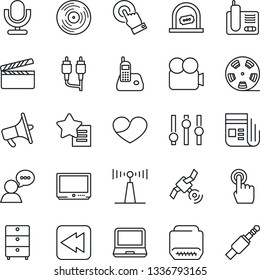 Thin Line Icon Set - ticket office vector, clapboard, reel, vinyl, archive chest, antenna, satellite, news, loudspeaker, settings, tv, video camera, microphone, touch screen, speaker, laptop pc, rca