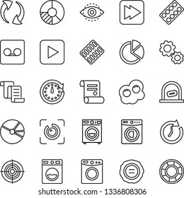 Thin Line Icon Set - ticket office vector, contract, circle chart, stamp, pills blister, play button, fast forward, update, record, eye id, pie graph, target, washer, omelette, gear, clock