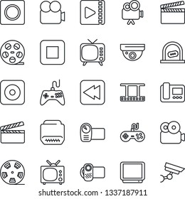 Thin Line Icon Set - ticket office vector, clapboard, film frame, reel, tv, gamepad, video camera, stop button, rewind, rec, hdmi, record, intercome, surveillance