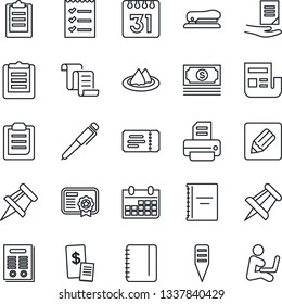 Thin Line Icon Set - ticket vector, contract, notepad, document, drawing pin, calendar, printer, plant label, cash, clipboard, notes, copybook, news, checklist, pen, stapler, serviette, certificate