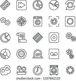 Thin Line Icon Set - ticket office vector, washer, gear, circle chart, stamp, contract, pills blister, fast forward, rec button, record, eye id, update, pie graph, target, flower in pot, omelette