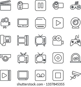 Thin Line Icon Set - ticket office vector, clapboard, film frame, tv, gamepad, video camera, play button, pause, stop, rec, hdmi, record, web, intercome, surveillance