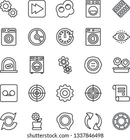 Thin Line Icon Set - ticket office vector, washer, gear, circle chart, stamp, contract, pills blister, fast forward, update, record, eye id, target, flower in pot, omelette, clock, crisis management