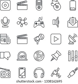 Thin Line Icon Set - ticket office vector, satellite antenna, clapboard, vinyl, flame disk, microphone, radio, news, speaker, gamepad, settings, remote control, cell phone, headphones, share, mail