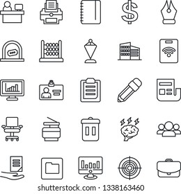 Thin Line Icon Set - ticket office vector, identity card, dollar sign, pennant, notepad, brainstorm, document, manager place, statistic monitor, folder, clipboard, statistics, news, abacus, ink pen