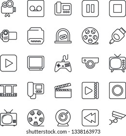 Thin Line Icon Set - ticket office vector, clapboard, film frame, reel, tv, gamepad, video camera, play button, pause, stop, rewind, hdmi, record, web, intercome, surveillance