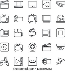 Thin Line Icon Set - ticket office vector, clapboard, film frame, tv, gamepad, video camera, stop button, rewind, rec, record, web, intercome, surveillance