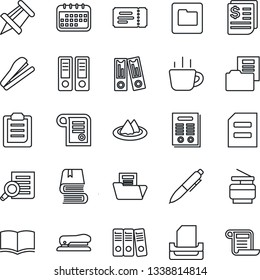 Thin Line Icon Set - ticket vector, book, office binder, document search, pen, coffee, drawing pin, receipt, folder, clipboard, paper, tray, copier, contract, stapler, serviette, calendar