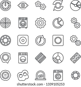 Thin Line Icon Set - ticket office vector, washer, gear, circle chart, stamp, pills blister, rec button, record, eye id, update, pie graph, target, omelette, clock, crisis management
