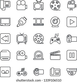 Thin Line Icon Set - ticket office vector, clapboard, film frame, reel, tv, gamepad, video camera, play button, pause, rewind, hdmi, record, web, intercome, surveillance